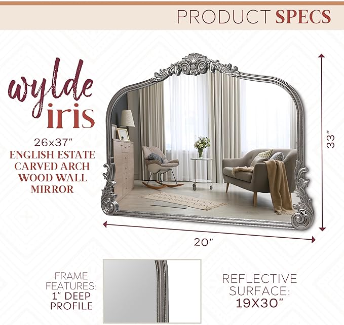 English Estate Carved Arch Wood Wall Mirror, Mirror for Entryway, Living Room, Bathroom, Antique Silver, 26x37