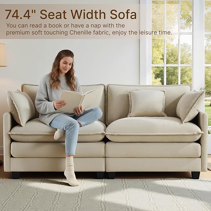 KISLOT 74.4" Oversized Modular Sectional Sofa,Loveseat Cloud Couch,Thick Cushions,2 Deep Seats with 4 Throw Pillows Sofa Couch Set for Living Room, Bedroom | Wood Frame