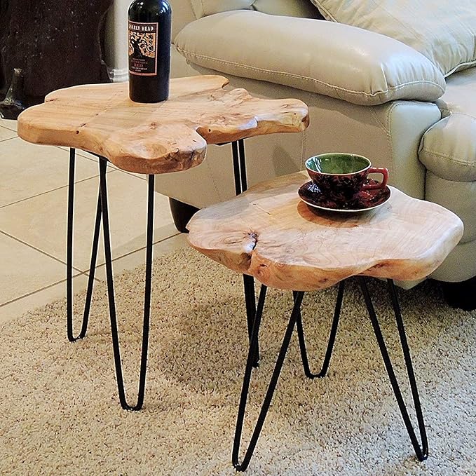 WELLAND Live Edge Side Table with Hairpin Legs, Natural Edge Side Table, Small Nightstand Wood, 15.5" Tall