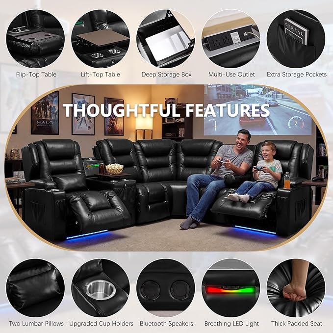 SAMERY Recliner Sectional Couch, Power Reclining Sectional Sofa, Wall Hugger Recliners RV Couch with Corner Couch, Flip-Backrest, Lift-Top Table, Ambient Lights, USB, Faux Leather, Black | Extra Wide Seat, Plush Padding, Dual Power Recline, Lift-Up Tab...
