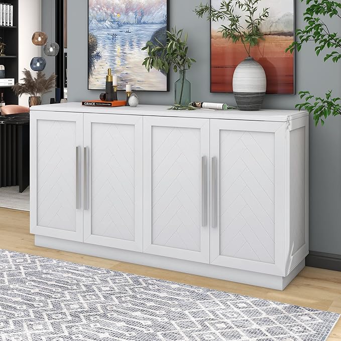 Ball & Cast 60.1" Sideboard Buffet Cabinet with Storage,Modern Coffee Bar Cabinet with 4 Doors and Adjustable Shelves,Wood Side Board Table with Silver Handles for Living Room,White