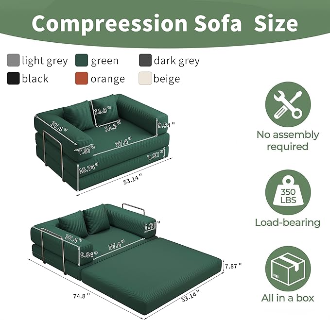BSHOMGI Folding Sofa Bed Convertible Corduroy Couch Queen Size Floor Sleeper 4-in-1 DIY Combination Modular Lazy Sofas Fold Futon Lounge for Living Room (Green, 53.15" Double Sofa)