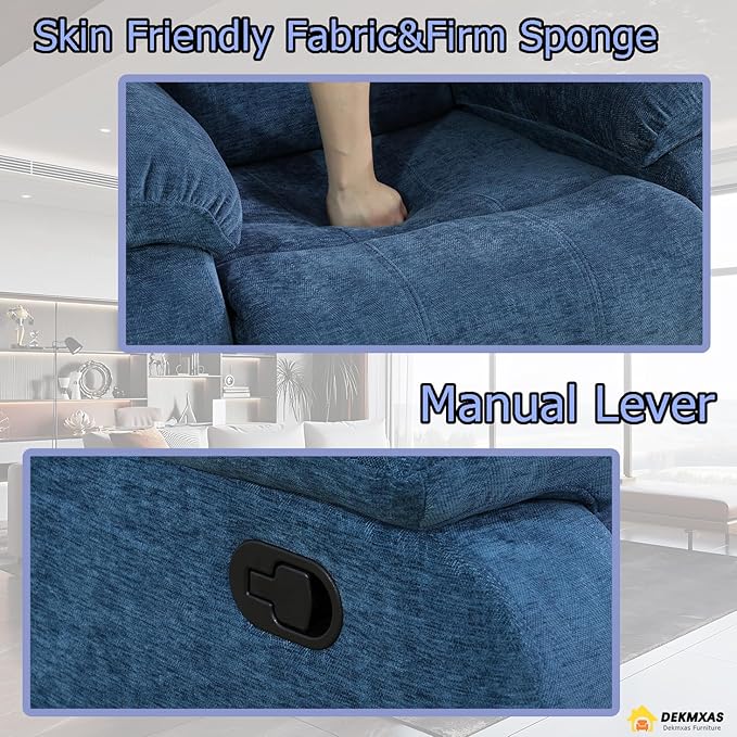 Fabric Recliner Chair Contempary Manual Motion Reclining Chair Living Room Furniture Microfiber Single Recliner with Overstuffed Arm & Back for Living Room/Bedroom/Office/Rv Car (Blue, Chair)