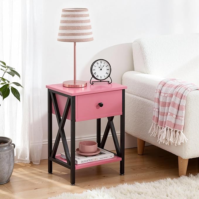 VECELO Nightstands, Modern Bedside End Tables Set of 2, Night Stand with Drawer and Storage Shelf for Living Room Bedroom, Industrial Metal Frame