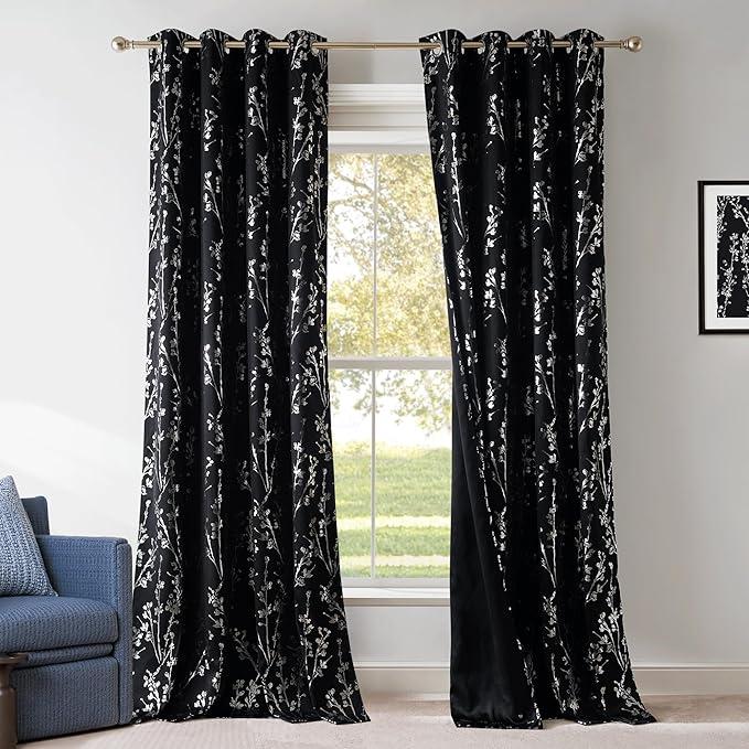NICETOWN 100% Black Out Curtains 63 inch Long 2 Panels, Grommet Branch Pattern Silver Foil Printed Thermal Window Treatments Room Darkening Drapes for Bedroom, W52 x L63