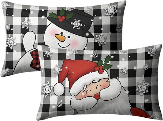 Christmas Santa Lumbar Pillow Covers 12x20 Set of 2 Snowman and Xmas Santa Rectangle Cushion Case Christmas Black Buffalo Plaid Waist Throw Pillowcases for Living Room Bedroom Sofa