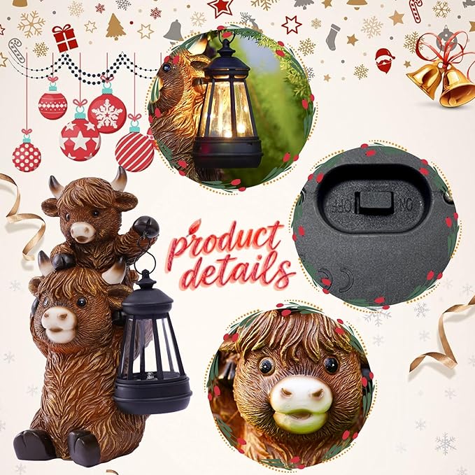 Solar Highland Cow Garden Decor - Resin Cow Statue with Solar Lantern Outdoor Yard Patio Decor - Ideal Gifts for Women,Mom Men (Copper)