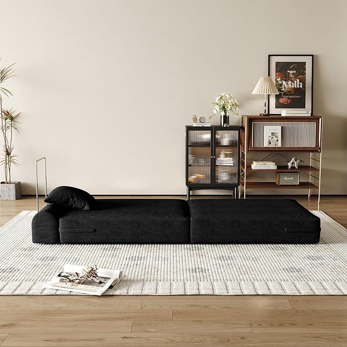 31.5'' Convertible Compressed Corduroy Folding Cloud Sofa Bed Set of 2, 2 Pieces Modern Boneless Pull Out Sleeper Sofa Couch, 3 in 1 Portable Lazy Floor Lounge Chair Set, No Assembly Needed, Black
