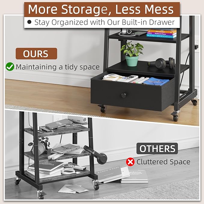 Rolling TV Stand with Wheels and Mount & Fabric Drawer for 32-75" TV - Entertainment Center with Power Outlet and Small TV Stand for Bedroom, Living Room - 18" Black (VESA 600mm × 400mm)