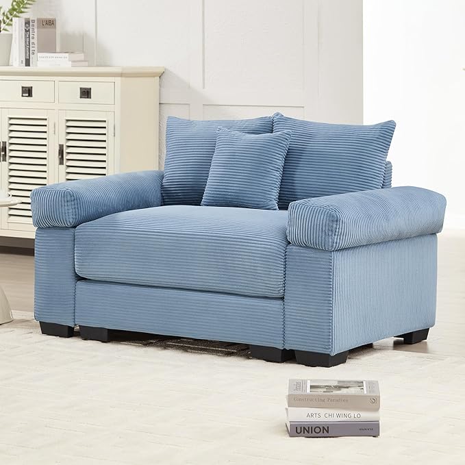 KEIKI 54" Oversized Corduroy Modular Sectional Single Sofa with High-Density Foam Cushions, Extra-Thick Armrests, Upholstered Modern 1-Seater Lounge Accent Chair with 3 Pillow, for Living Room, Blue