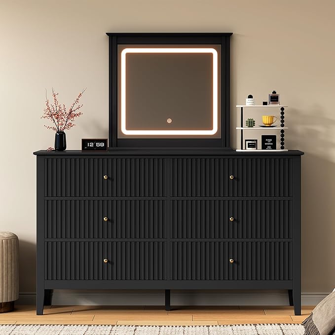 RoyalCraft Black Vanity Desk with Lighted Mirror, Fluted Makeup Vanity Table with 3 Lighting Modes, Modern Wood Dressing Table with 6 Drawers for Bedroom