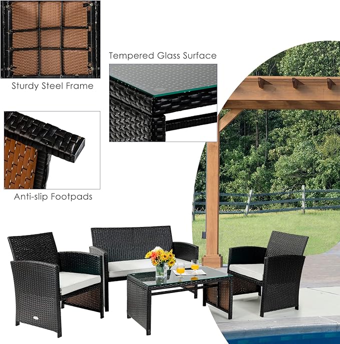 Tangkula 8 Pieces Rattan Furniture Set, Outdoor Conversation Set w/Chair & Loveseat & Tempered Glass Coffee Table, Suitable for Garden, Backyard, Poolside, Patio Furniture Set for 8 (2, White)
