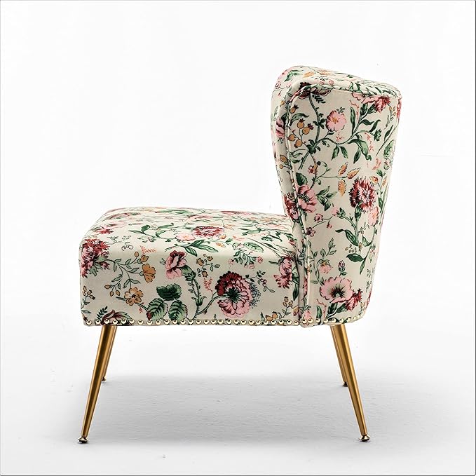 Thia Armless Accent Chair for Living Room, Elegant Seat with Nailhead Trim, Gold Metal Legs and Comfortable Curved Back, 28" D x 25" W x 29.5" H, 03 Floral Print