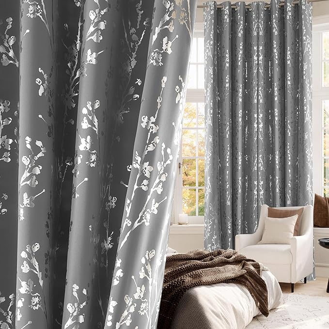 NICETOWN 96 inch Curtains 2 Panels Set 100% Blackout, Grommet Silver Foil Printed Floral Curtains Thermal Drapes Modern Window Treatment for Bedroom/Living Room, Grey, W52 x L96