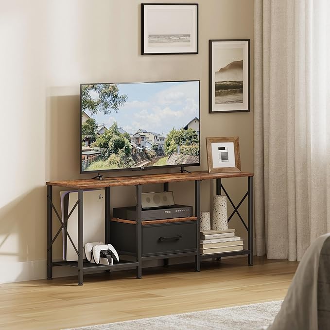 TV Stand with Fabric Drawer, Entertainment Center for 50 55 Inch TV, Industrial TV Console Table with Open Storage Shelves for Living Room, Bedroom, Rustic Brown