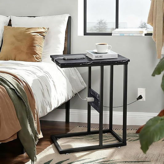 VECELO C Shaped End Side Table with Charging Station & Power Outlets for Couch Sofa/Bed, Snack TV Tray with Metal Frame for Living Room Bedroom 1 PCS, Black Marble