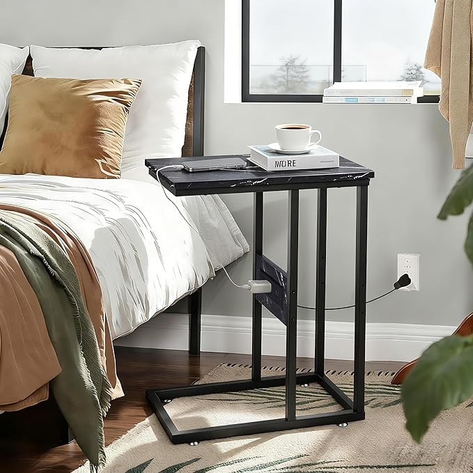 VECELO C-Shaped End Side Table Set of 2, with Charging Station & Two USB Ports and Outlets for Living Room, Bedroom, with Adjustable Feet for Couch/Sofa, Bedside, Small Spaces，Black Marble