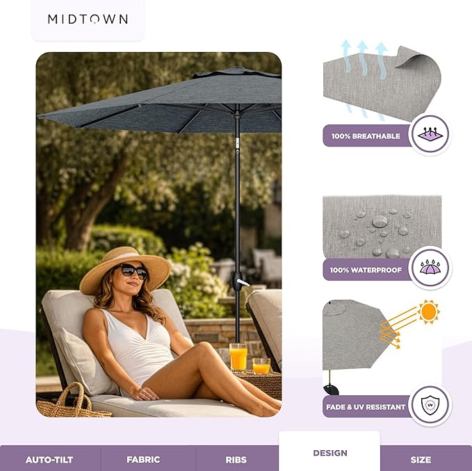 Midtown Umbrellas - The Lean 10 Ft Patio Umbrella with Fade-Resistant Sunbrella Fabric, Auto-Tilt Aluminum Frame and 8 Reinforced Ribs for Deck, Pool & Garden - Cast Slate Canopy, Black Pole