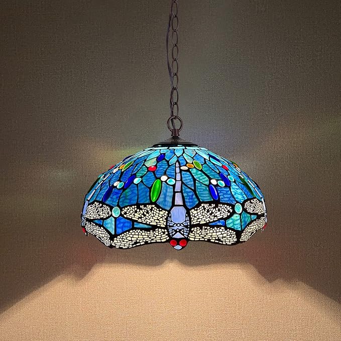 Capulina Tiffany Lamp Stained Glass Pendant Light 2-Light 16 Inches Wide Antique Blue Dragonfly Tiffany Style Hanging Lamp for Dining Room Kitchen Island Home Farmhouse