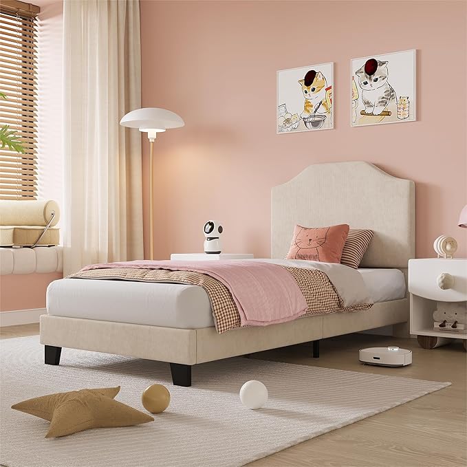 Twin Size Velvet Bed Frame, Corduroy Upholstered Twin Bed Frames Platform with Adjustable Headboard, Cute Velvet Twin Bed, Strong Wooden Slats, No Box Spring Needed, Noise Free, Easy Assembly, Beige