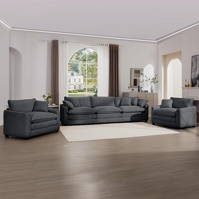KEIKI 3-Piece Sofa Set with 1 Oversized Corduroy 3-Seater Sofa & 2 Single Sofa, Upholstered 5-Seater Couch Set with 7 Pillow, High-Density Foam Cushions, Removable Armrests, for Living Room, Grey