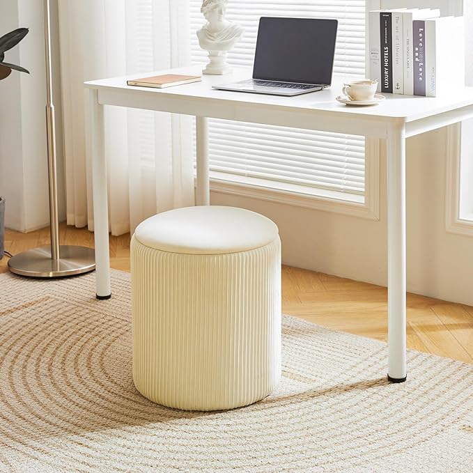 IBUYKE Round Ottoman with Storage Set of 2 Boucle Ottoman End Table for Living Room Vanity Stool Velvet Footrest Stool Bar Stool White UWBD005W