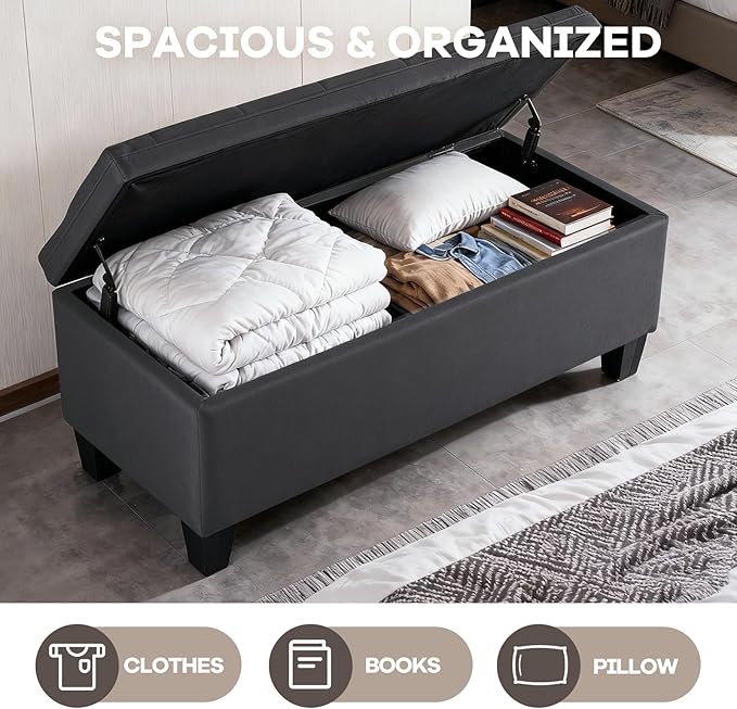 DUMOS Storage Ottoman Bench, Foot Rest with Legs, 16.1 x 40 x 18 Inches, End of Bed Bench, Storage Chest for Living Room,Bedroom, Entryway, Dark Gray