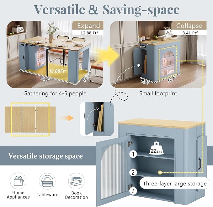 15.6" - 59" Extendable Dining Table, Mobile Kitchen Island with Storage Cabinet, Power Outlet and LED Lights, Space-Saving Dining Table for Small Spaces, Blue and Natural