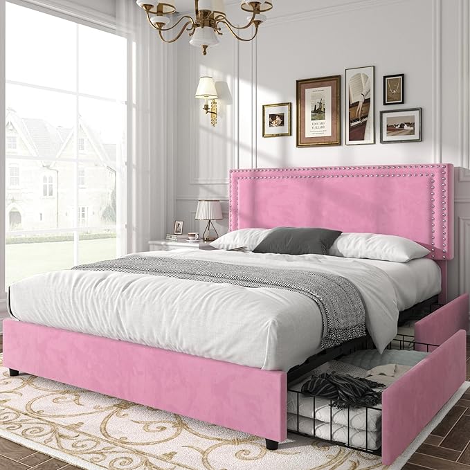 VECELO Full Size Upholstered Platform Bed Frame with 4 Storage Drawers, Adjustable Velvet Rivet Decor Headboard, Wooden Slats Support, No Box Spring Needed, Easy Assembly