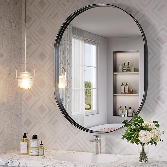 Black Oval Mirror for Bathroom, 24 x 32 Inch Oval Bathroom Vanity Mirror for Wall, Wall Mounted Metal Frame Mirror for Bedroom Living Room Entryway, Wall Decor, Hangs Horizontal or Vertical