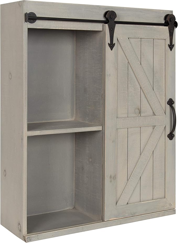 Kate and Laurel Cates Decorative Wood Wall Storage Cabinet with Sliding Barn Door, Rustic Gray