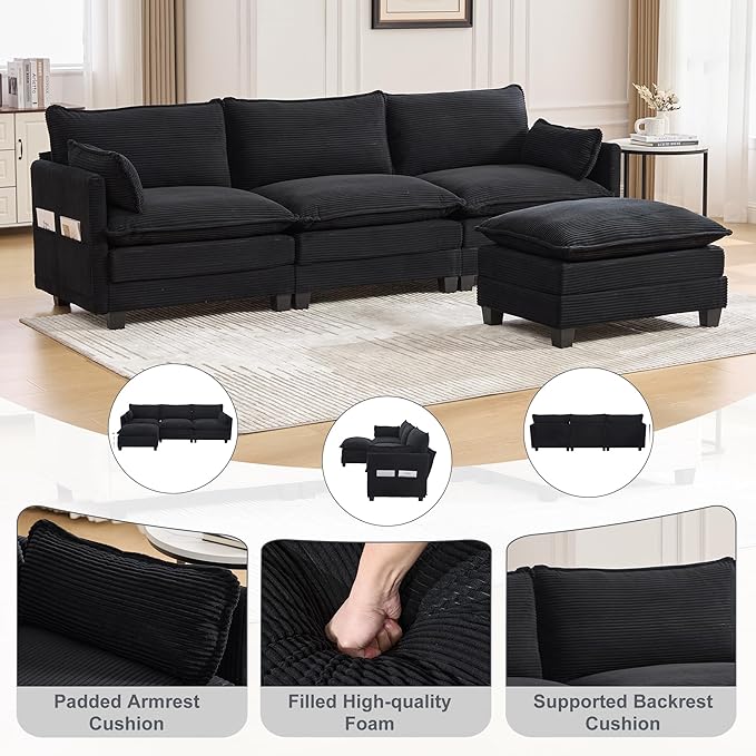 103" Oversized Modular Sectional Sofa Couch with Reversible Ottoman, Free Combination Convertible Corner Couch,Corduroy Upholstered Cloud Sectional Couch with Side Pockets | Multiple Cushions, DIY Combination, Removable Cover