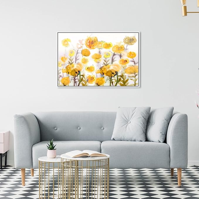 The Oliver Gal Artist Co. Floral and Botanical Wall Art Framed Canvas Prints 'Bella Garden Poppy Yellow' Gardens White Floating Frame 30" x 20"