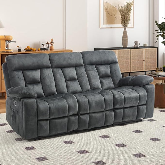 EBELLO Reclining Sofa for Living Room, Extra Wide Modern Overstuffed 3 Seat Recliner Manual Sofa with Hidden Armrest Cup Holders, Soft Breathable Fabric and Padded Seat, Dark Greenish-Grey