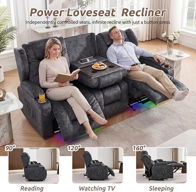 SAMERY Power Loveseat Recliner Sofa, Wall Hugger Reclining Loveseat Sofa, Movie Home Theater Seating with Flip-Backrest, Solid Wood Top, Ambient LED Lights, USB-C, Outlets, Velvet, Gray, 3 Seater | Extra Wide Seat, Plush Padding, Dual Power Recline, Fl...