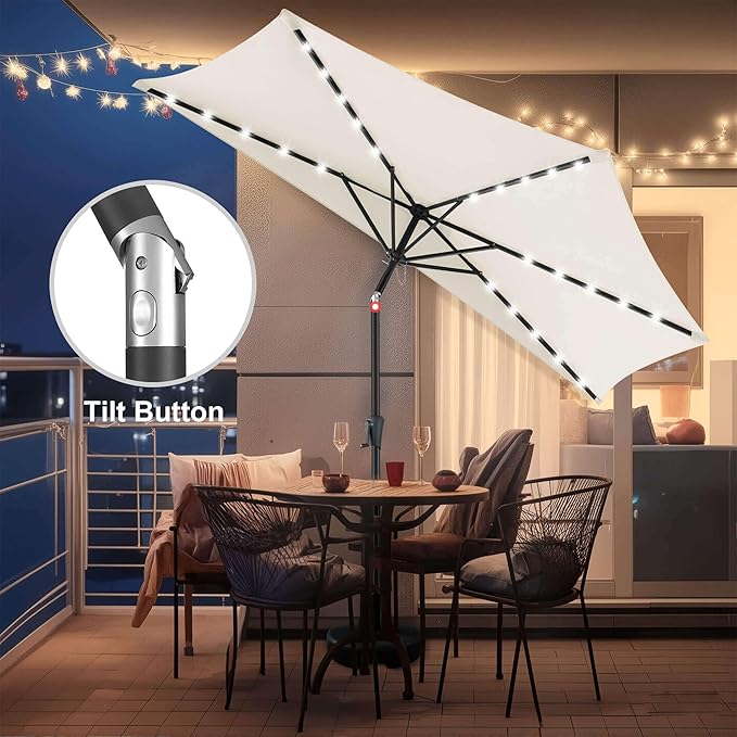 9FT Solar Half Umbrellas Outdoor - LED Half Patio Umbrella with 25 Lights, UV Protection Waterprool, Half Round Umbrella for Wall Balcony, Pool, Porch, Garden, Deck, Backyard, Ivory