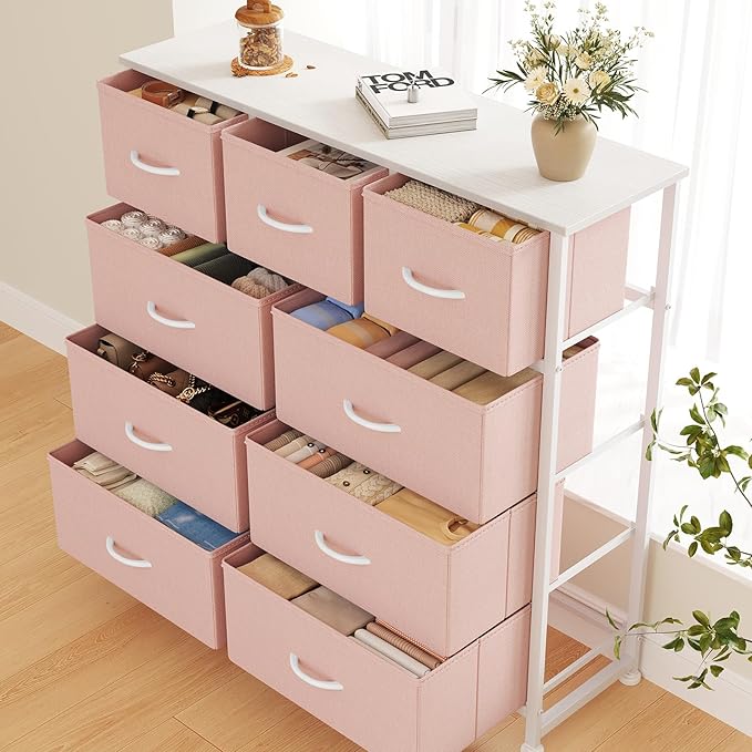 DUMOS 9 Drawer Dresser for Bedroom, Fabric Storage Organizer with Sturdy Metal Frame, Wooden Top Chest of Drawers for Closet Entryway Guest Room,Pink