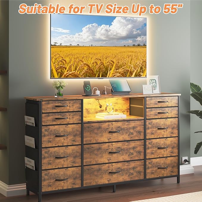 HCHQHS Dresser for Bedroom with 13 Drawers, 47 Inch Fabric Dresser with Remote Control Lights, Side Pockets & Hooks for Closet or Large TV Stand (Rustic Brown)
