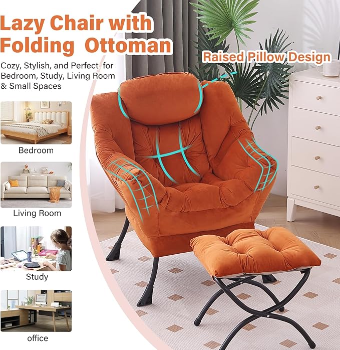Lazy Chair with Ottoman, Modern Chair with Folding Footrest, Velvet Orange Accent Chair, Comfortable Reading Chair, Oversized Armchairs for Bedroom, Study, Living Room, Courtyard