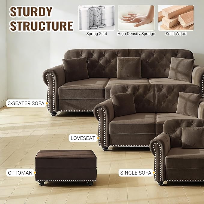 KEIKI 83" Velvet Chesterfield Sofa with Rolled Arms & Nailhead Trim & 2 Ottoman, Modern 3-Seater Button Tufted Couch with High Resilience Cushion & 3 Pillow, Easy Assembly, for Living Room, Brown