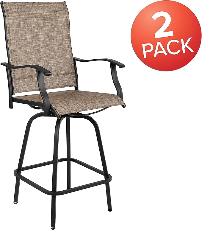 Flash Furniture Valerie Patio Bar Height Stools Set of 2, All-Weather Textilene Swivel Patio Stools with High Back & Armrests in Brown