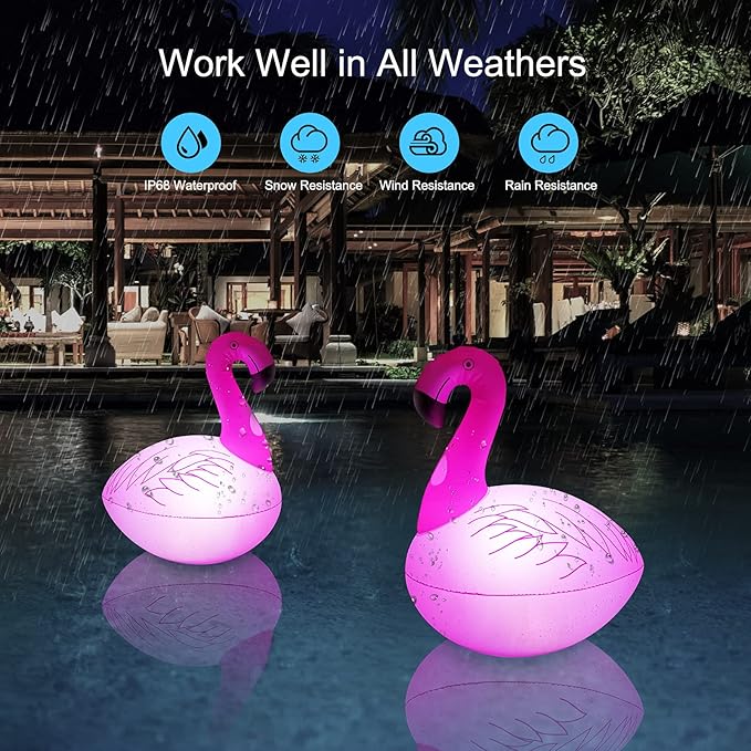 Solar Floating Lights 4PCS, Flamingo Floating Pool Lights Solar Powered, IP68 Waterproof Glow in The Dark LED Flamingo Pool Light for Garden, Yard, Patio, Party Decoration