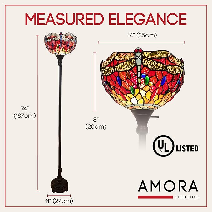 Amora Upright Tiffany Floor Lamp - 74” Dragonfly Stained Glass Floor Lamp