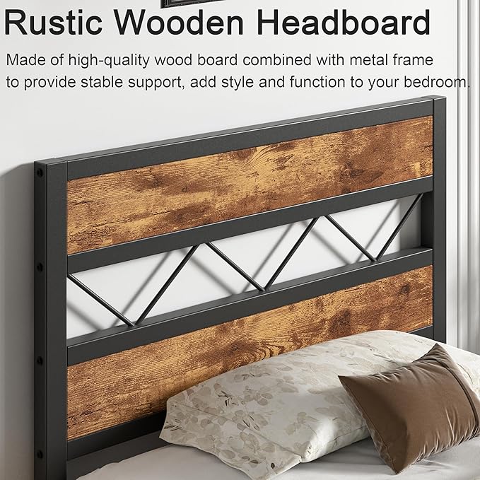 VECELO Twin Bed Frame with Headboard, Metal Platform Bedframe with Heavy Duty Slats Support, No Box Spring Needed, Easy Assembly, Rustic Brown