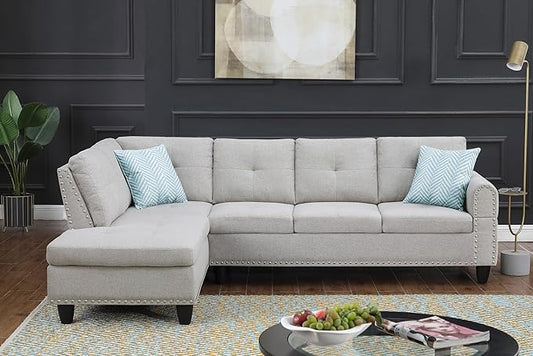 Ball & Cast 98" L Shaped Sectional Couch for Living Room with Chaise & Nailhead Trim,4 Seat Linen Upholstered Modular Sectional Sofa Set 2 PCS W/Cup Holders and 2 Pillows for Home,Office,Light Gray