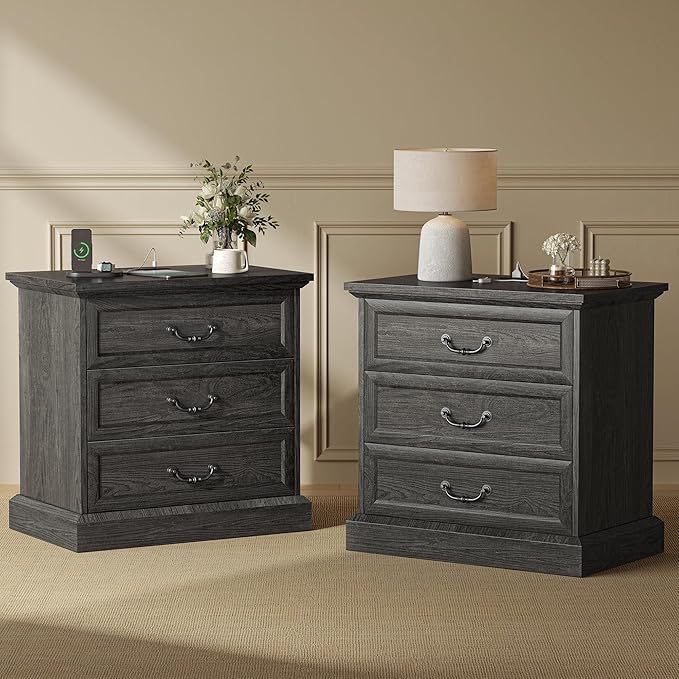 Huuger Nightstand with Charging Station, 3 Drawer Night Stand Set of 2, 22 Inch Wider Side Table with Storage, Farmhouse Nightstand with Vintage Handles, Thicken Base, for Bedroom, Black