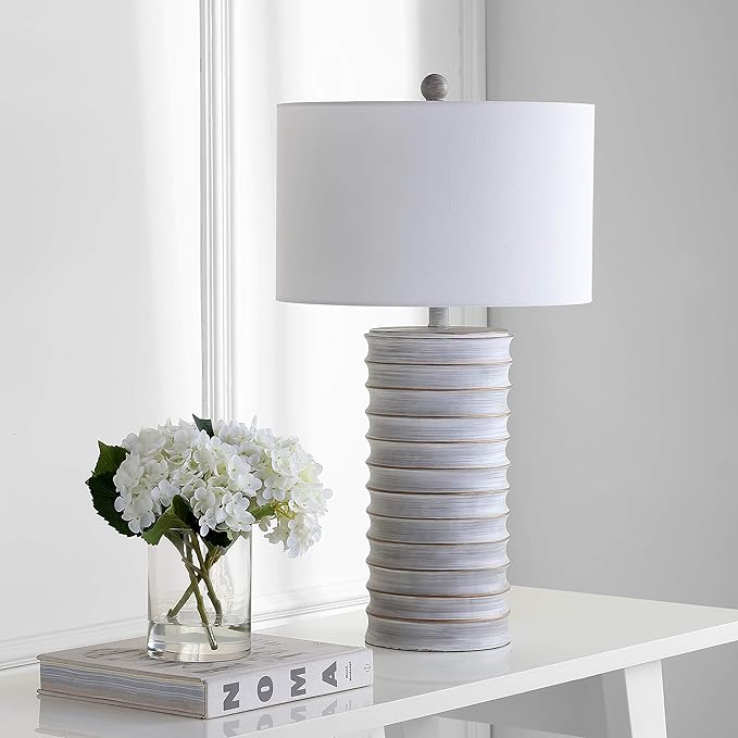 SAFAVIEH Lighting Collection Melina Rustic Wash White 29-inch Bedroom Living Room Home Office Desk Nightstand Table Lamp Set of 2 (LED Bulbs Included)