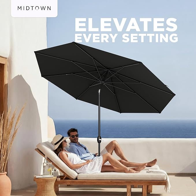Midtown Umbrellas – The Lean 9 Ft Patio Umbrella with 10-Year-No-Fade Acrylast Acrylic Fabric, Auto-Tilt and 8 Reinforced Ribs for Deck, Pool, Garden, Hotel & Cafes – Eclipse Canopy, Black Pole
