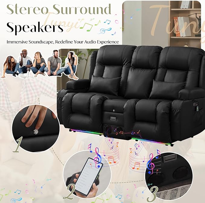 TUNYI Power Loveseat Recliner Sofa, Faux Leather Reclining Sofa with Console RV Reclining Loveseat Couch with USB/Outlet/Storage/Side Pocket/LED Light/Speaker (Black, Loveseat)