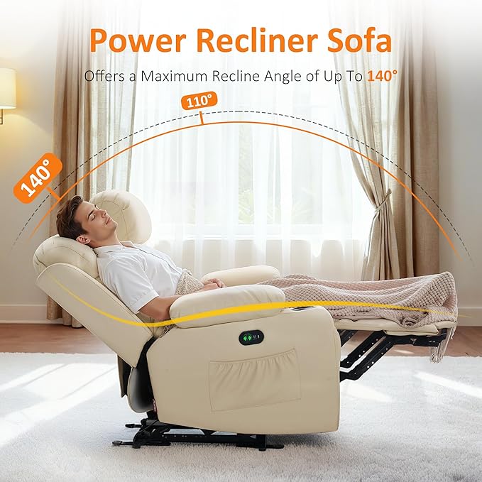 MCombo Power Reclining Sofa with Heat and Vibration,USB Ports, Cup Holders,3-Seat Dual Recliner Sofa for Living Room 6077 (Cream White, 3 Seater)